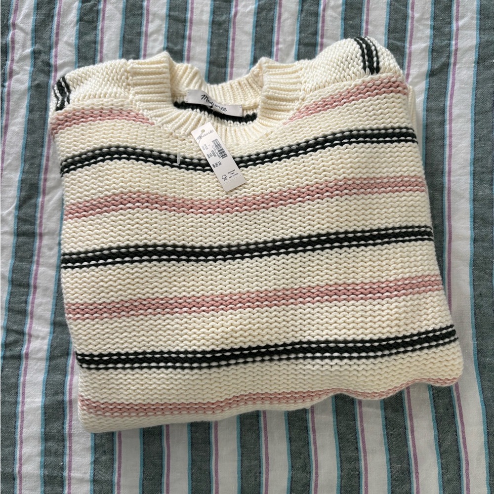 Madewell Striped Crew Neck Sweater - Cream, Pink, Green